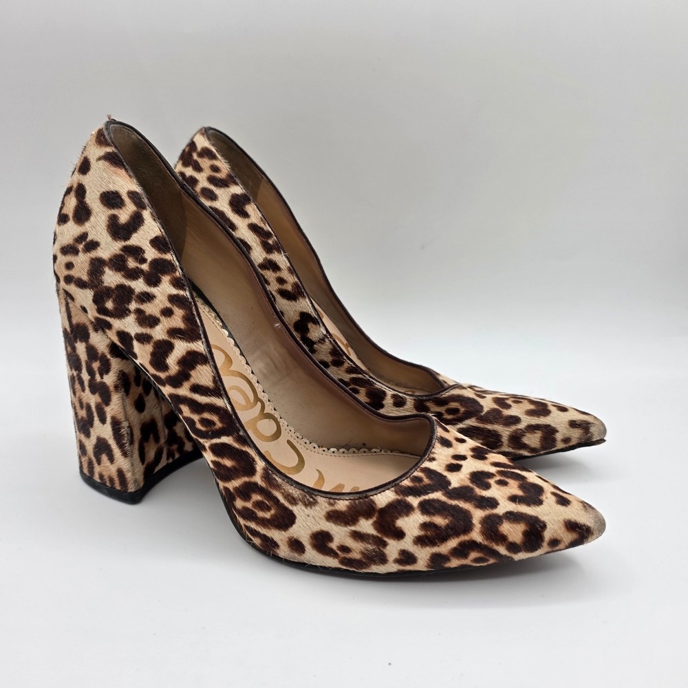 Sam Edelman Halston Leopard Calf Hair Block Heel Pointed‎ Toe Pumps Brown 7.5